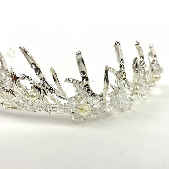 Clear Rhinestone Pearl Bead Silver Tone Metal Bridal Tiara Crown NEW - Picture 9 of 16